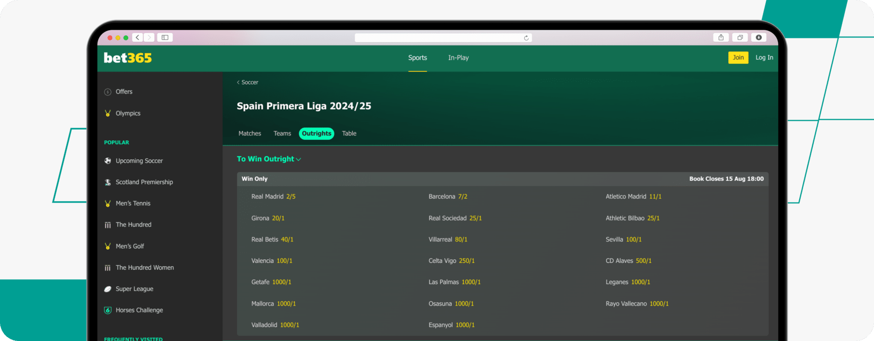 screenshot of bet365 la liga betting odds